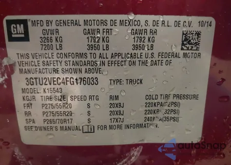 2015 GMC Sierra 1500 Slt from USA, damaged, VIN 3GTU2VEC4FG176033